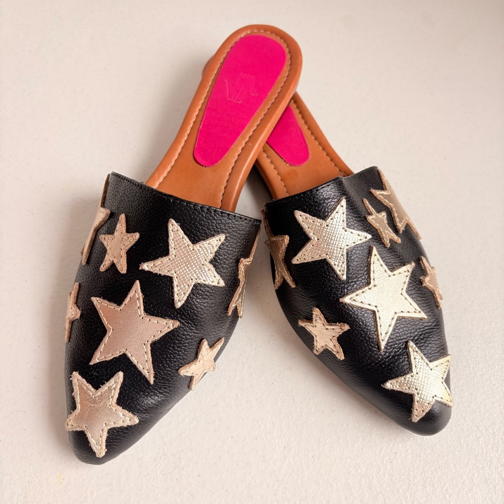 Vida Leather Black & Gold Star leather women’s mules size 6.5 UK 37 flats shoes